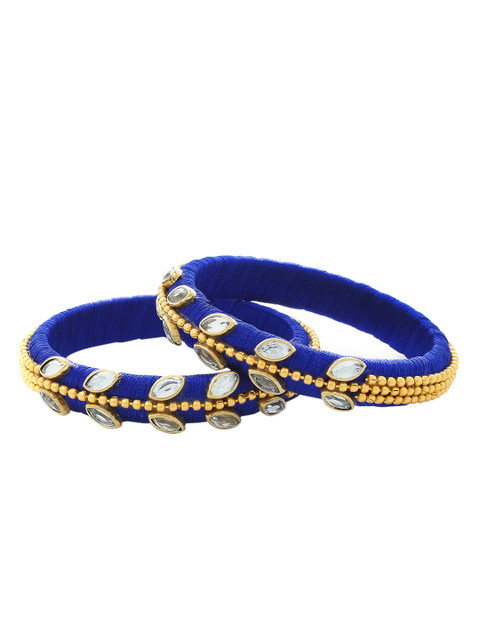 

AKSHARA Girls Set of 2 Blue & White Kundan-Studded Handcrafted Silk Thread Bangles
