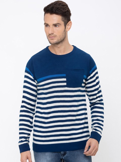 

Globus Men Navy Blue Striped Pullover Sweater