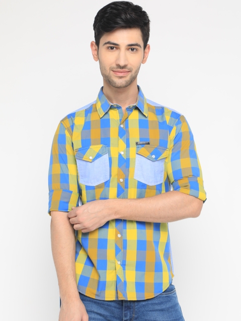 

WITH Men Yellow & Blue Slim Fit Checked Casual Shirt