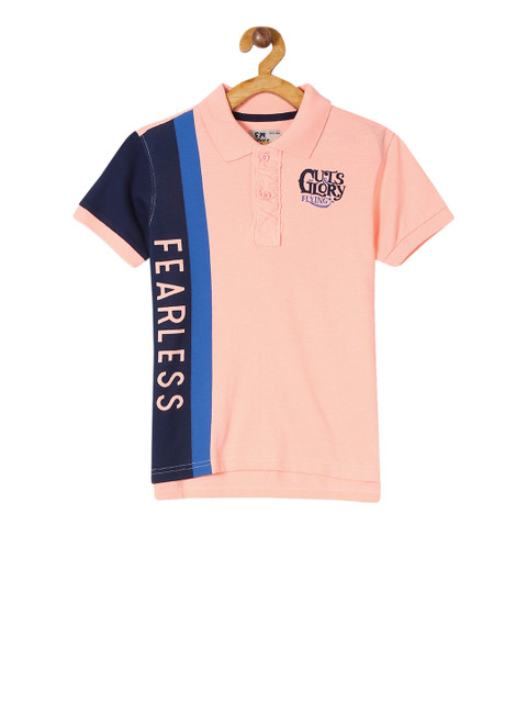 

Flying Machine Boys Peach-Coloured Navy Blue Colourblocked Polo Collar Pure Cotton T-shirt