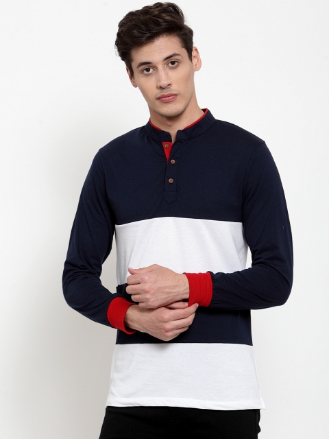 

Kalt Men Navy Blue & White Colourblocked Henley Neck T-shirt