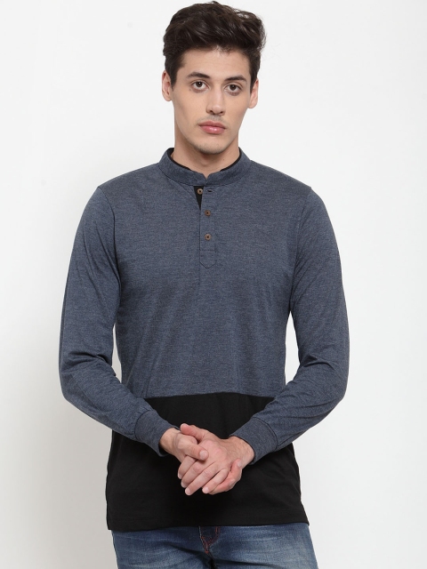 

Kalt Men Blue & Black Colourblocked Mandarin Collar T-shirt