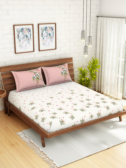 

SPACES White & Coral Pink Floral 180 TC Organic Cotton King Bedsheet with 2 Pillow Covers