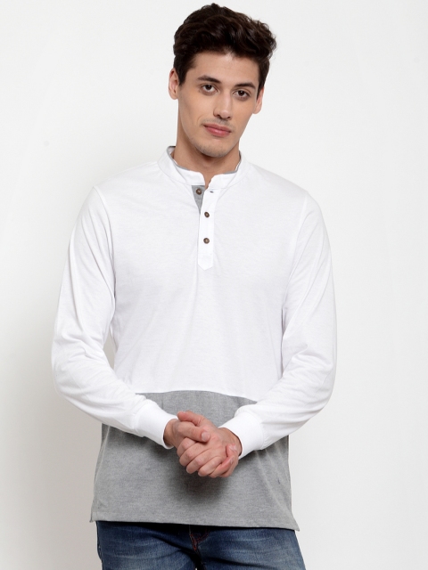

Kalt Men White & Grey Colourblocked Mandarin Collar T-shirt