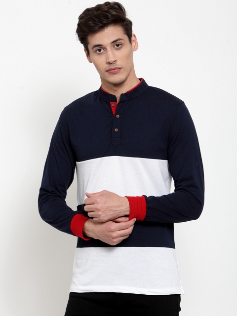 

Kalt Men Navy Blue & White Colourblocked Henley Neck T-shirt