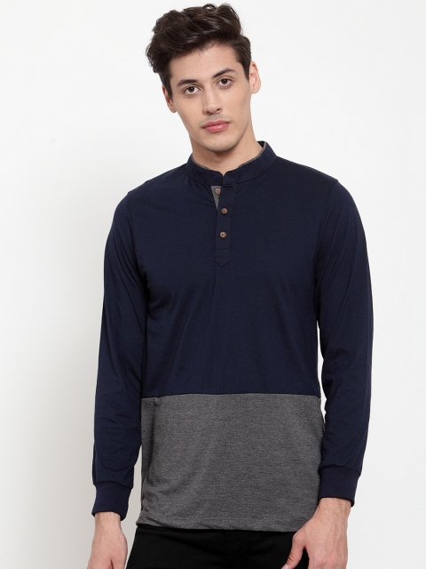 

Kalt Men Navy Blue & Grey Colourblocked Mandarin Collar T-shirt