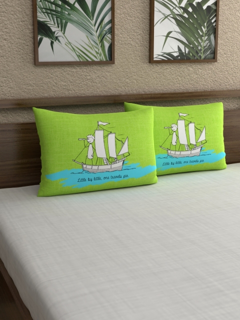 

My Room Set Of 2 Green & White Printed 210TC Sateen Pillow Covers