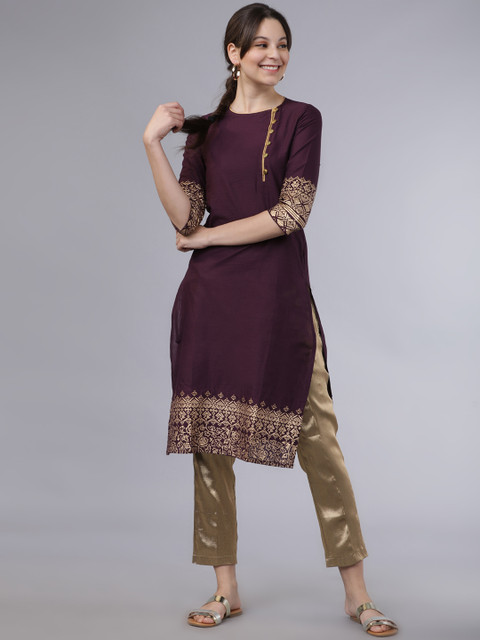 

Folklore Women Purple & Gold-Toned Printed Straight Kurta