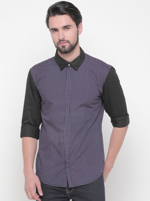 

WITH Men Purple & Black Slim Fit Printed Casual Shirt with Contrast Collar