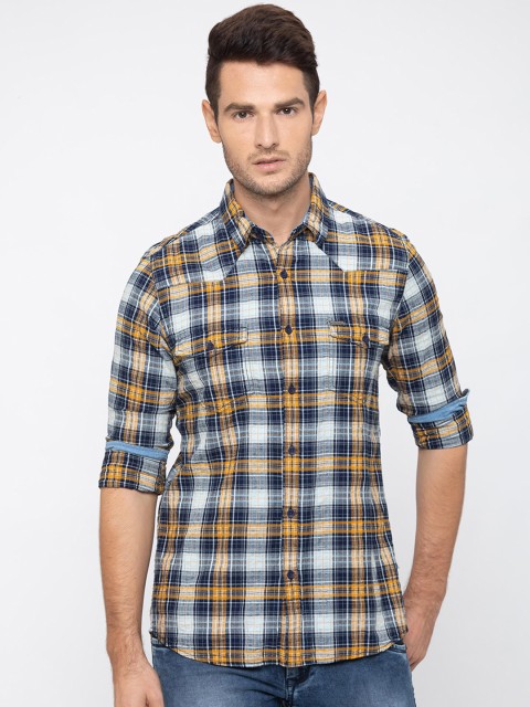 

Globus Men Yellow & Navy Blue Regular Fit Checked Casual Shirt