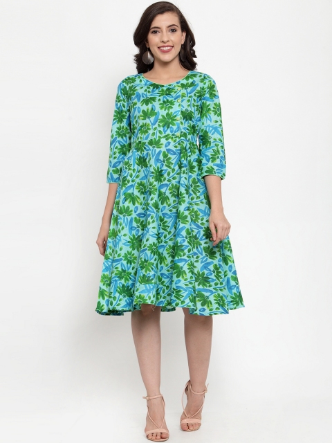 

Jompers Women Green & Blue Floral Printed Fit and Flare Dress