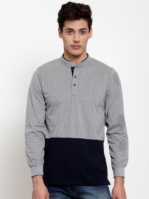 

Kalt Men Navy Blue & Grey Melange Colourblocked Mandarin Collar T-shirt