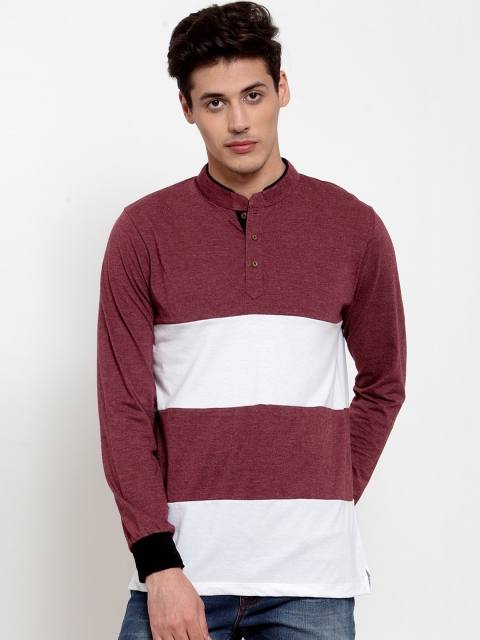 

Kalt Men Maroon & White Colourblocked Henley Neck T-shirt