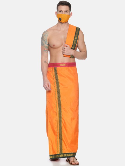 

Sethukrishna Men Orange Solid Readymade Dhoti & Angavastram Set With 3Layer Anti-Dust Mask