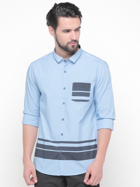 

WITH Men Blue Slim Fit Striped Casual Shirt with Contrast Pocket