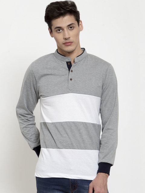 

Kalt Men Grey Melange & White Colourblocked Henley Neck T-shirt