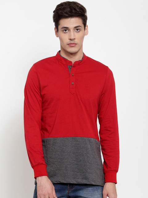 

Kalt Men Red & Grey Colourblocked Mandarin Collar T-shirt