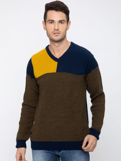 

Globus Men Brown & Mustard Yellow Colourblocked Pullover Sweater