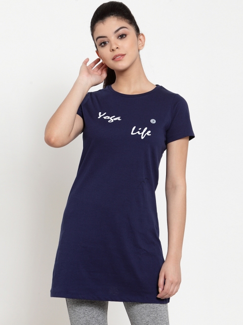 

BUKKUM Women Navy Blue Printed Round Neck Longline T-shirt