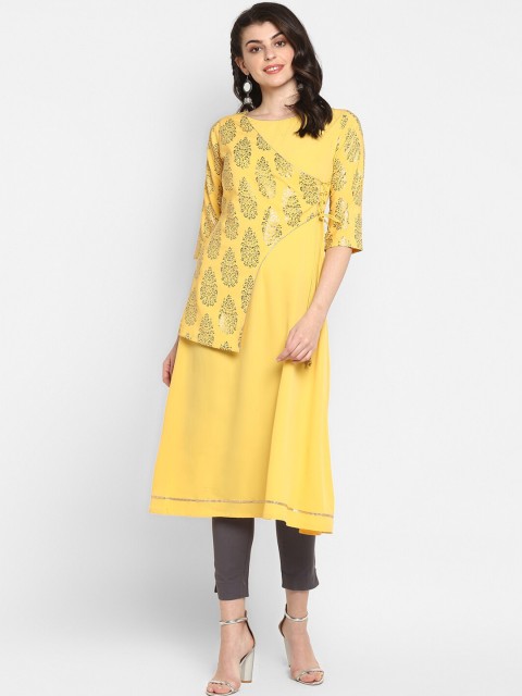 

Janasya Women Yellow & Gold-Toned Printed A-Line Kurta