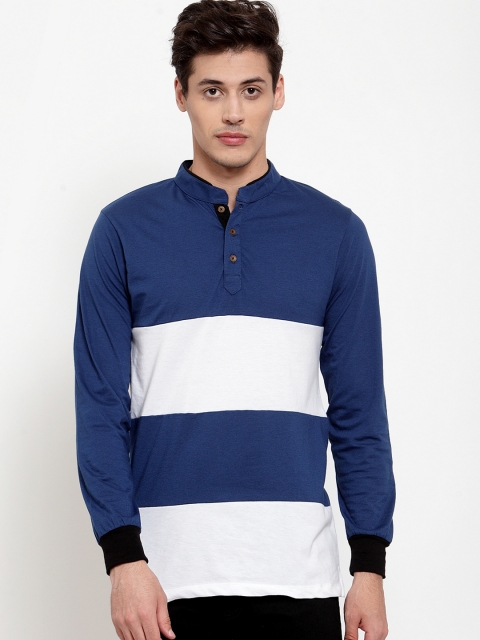 Kalt Men Blue & White Colourblocked Henley Neck T-shirt