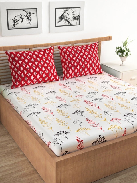 

URBAN SPACE White & Red Floral 120 TC Cotton 1 Queen Bedsheet with 2 Pillow Covers