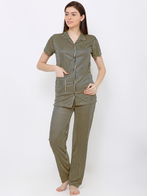 

Pretty Awesome Women Yellow & Black Striped Night suit