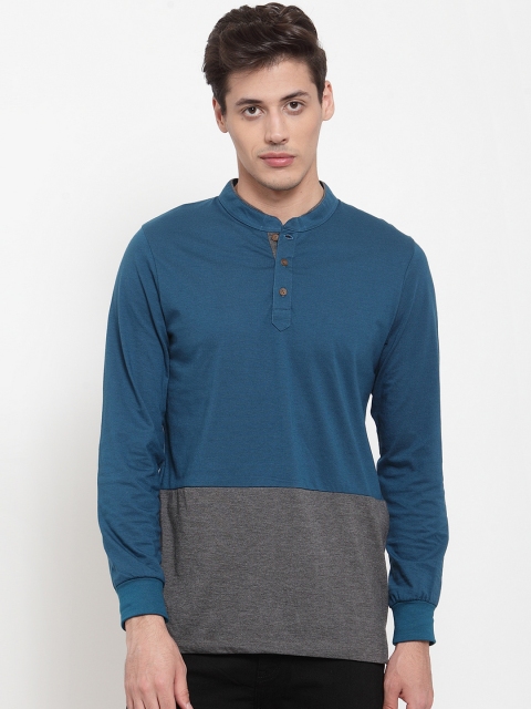 

Kalt Men Teal Blue & Grey Colourblocked Mandarin Collar T-shirt