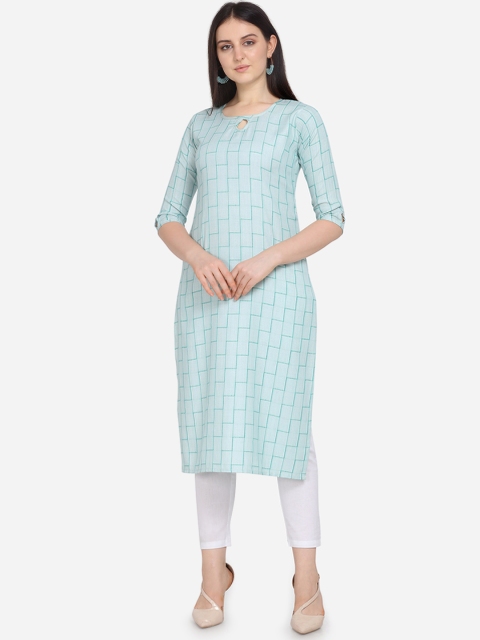 

Kvsfab Women Turquoise Blue Checked Straight Kurta