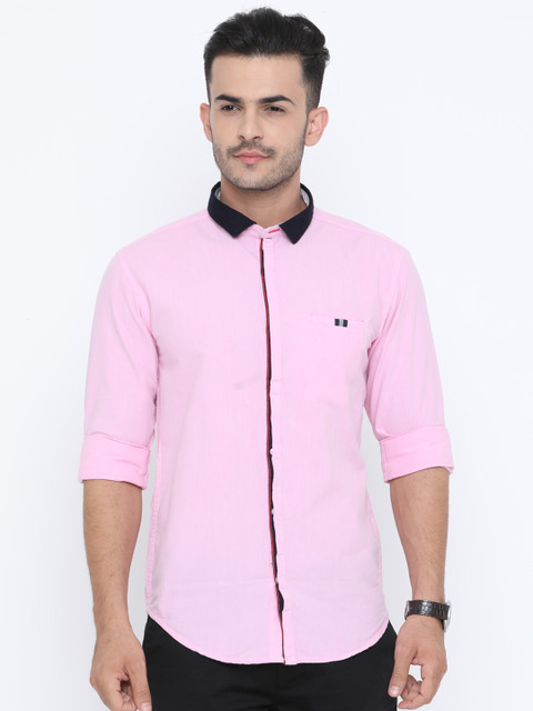 

WITH Men Pink Slim Fit Solid Casual Shirt with Contrast Collar
