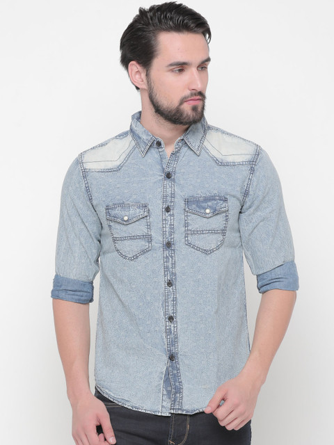 

WITH Men Blue Slim Fit Faded Casual Denim Shirt