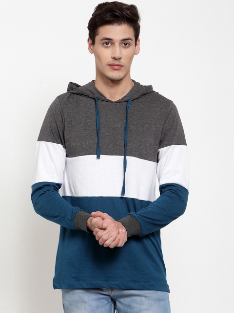 

Kalt Men Teal Blue & Grey Melange Colourblocked Hood T-shirt