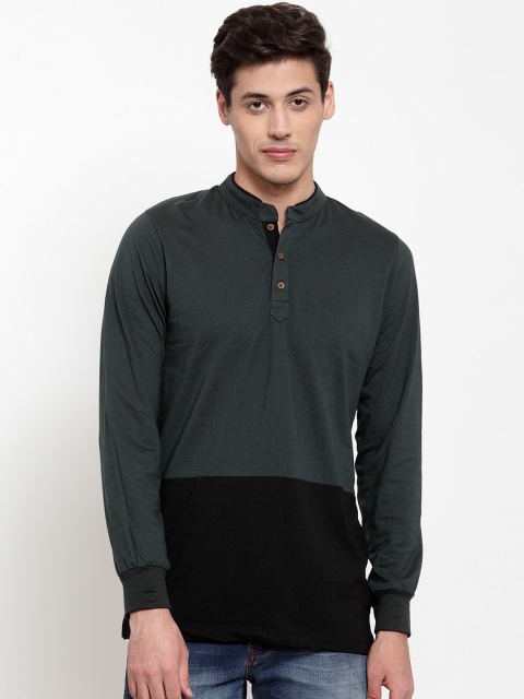 

Kalt Men Green & Black Colourblocked Mandarin Collar T-shirt