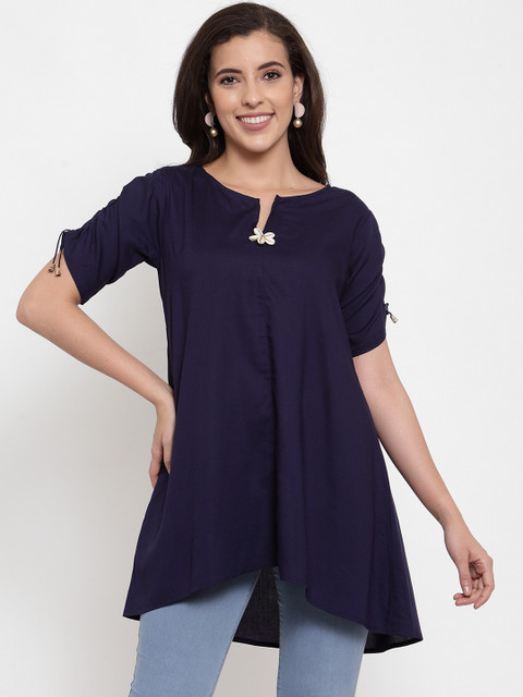 

Just Wow Women Navy Blue Solid High-Low Top