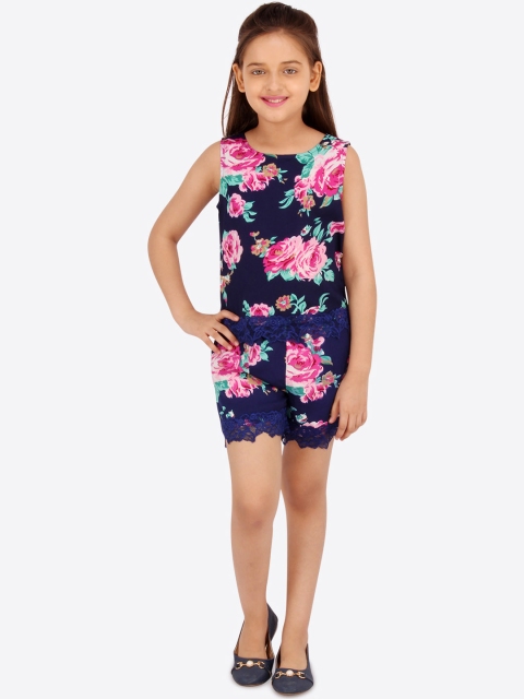 

CUTECUMBER Girls Navy Blue & Pink Floral Print Top with Shorts