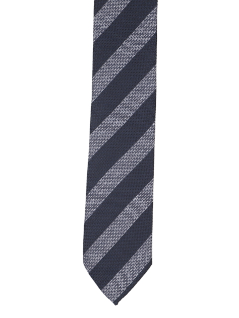 

Louis Philippe Navy Blue & Grey Striped Silk Broad Tie
