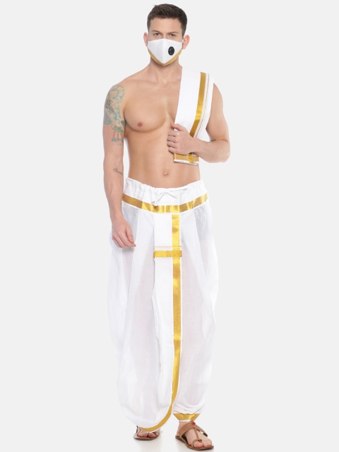 

Sethukrishna Men White Solid Readymade DhotiPant & Angavastram Set With 3Layer Anti-Dust Mask