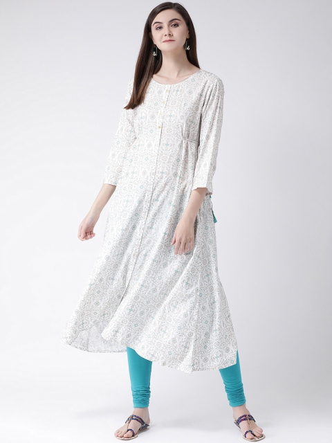 

Span Women White & Turquoise Blue Printed A-Line Kurta