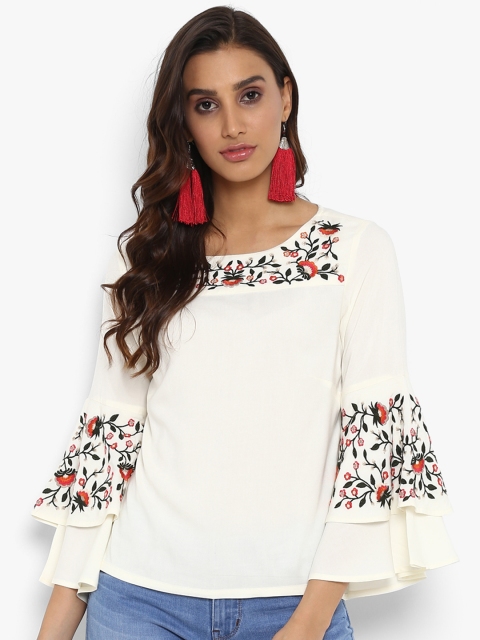 

FOSH Women White Embroidered Top
