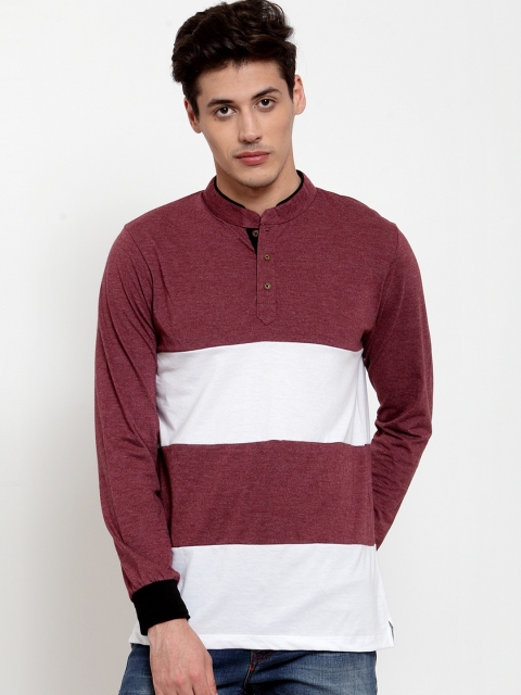 

Kalt Men Maroon & White Colourblocked Mandarin Collar T-shirt