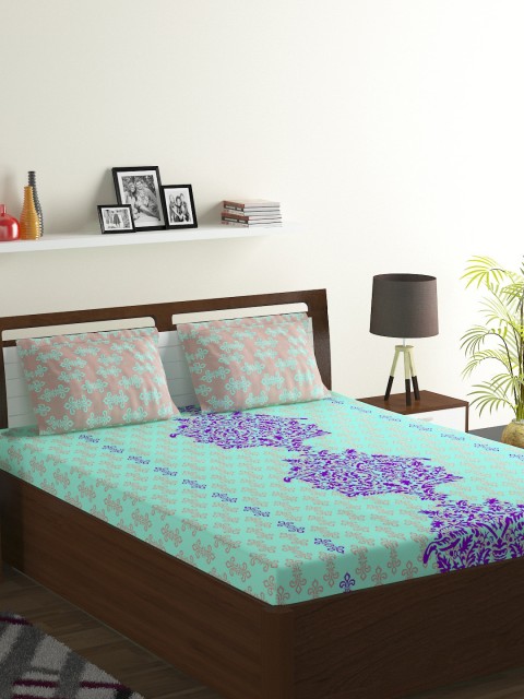 

BOMBAY DYEING Turquoise Blue & Navy Blue Ethnic Motifs 104 TC Cotton 1 Queen Bedsheet with 2 Pillow Covers