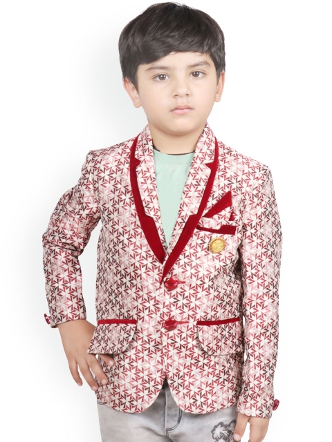 

SG YUVRAJ Boys Maroon & White Printed Slim-Fit Single-Breasted Party Blazer