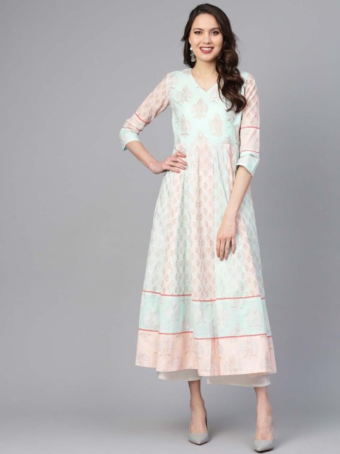 

Indo Era Women Pink & Blue Printed Anarkali Kurta