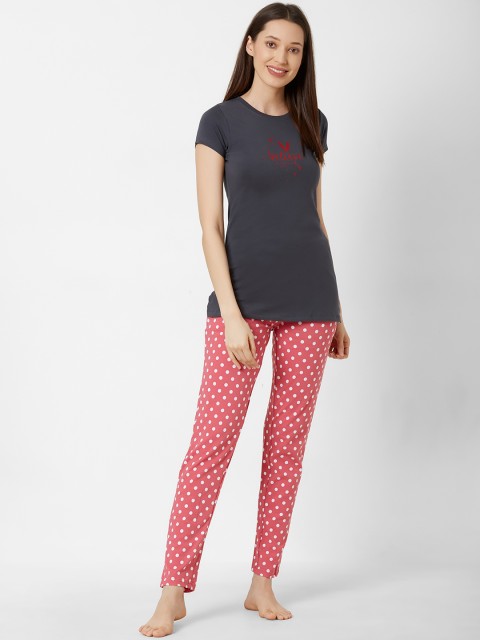 

Sweet Dreams Women Charcoal Grey & Red Printed Night suit
