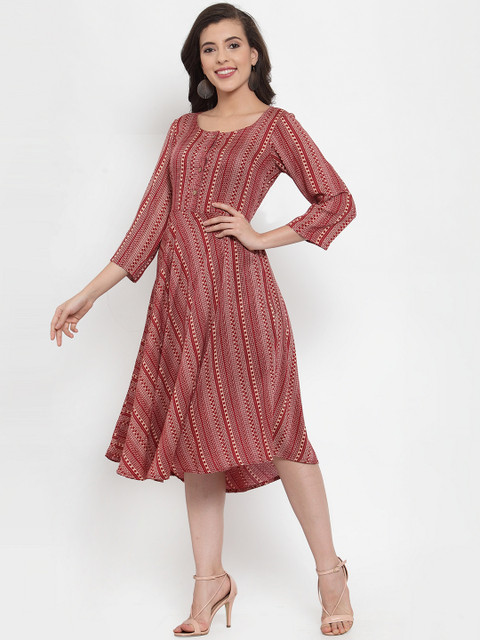 

Jompers Women Maroon and Beige Printed Fit and Flare Dress