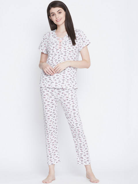 

Camey Women White & Pink Printed Night Suit