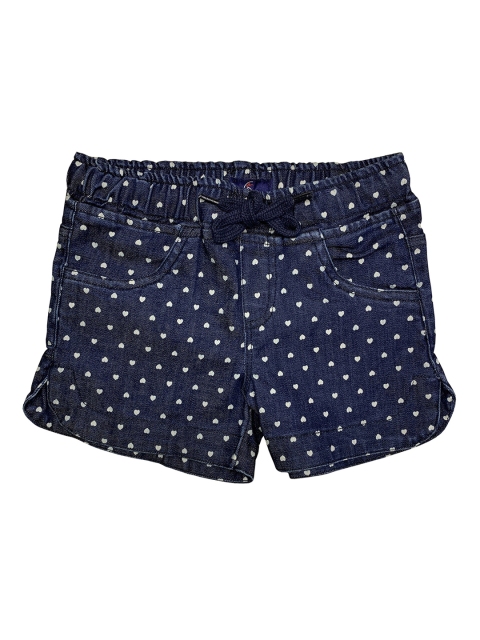 

KiddoPanti Girls Navy Blue Printed Regular Fit Denim Shorts