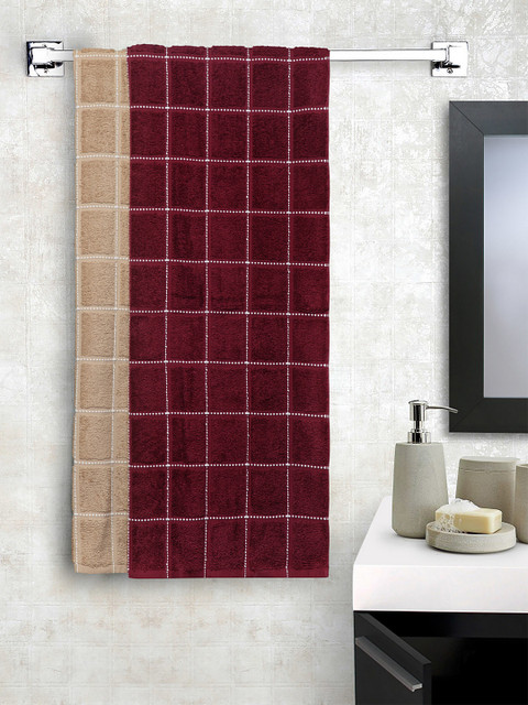 

Trident Unisex Set Of 2 Checked Dusk & Dawn 450 GSM Large Bath Towels, Maroon