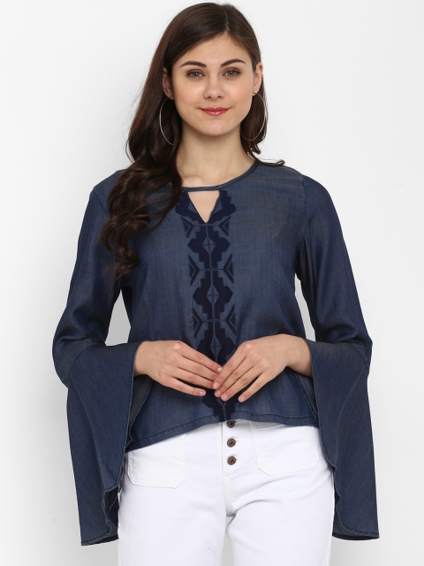 

FOSH Women Navy Blue Embroidered Top