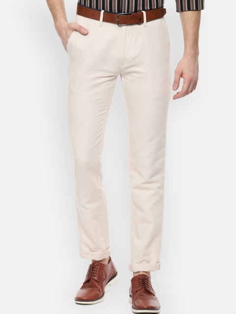 

V Dot Men Cream-Coloured Slim Fit Self Design Regular Trousers